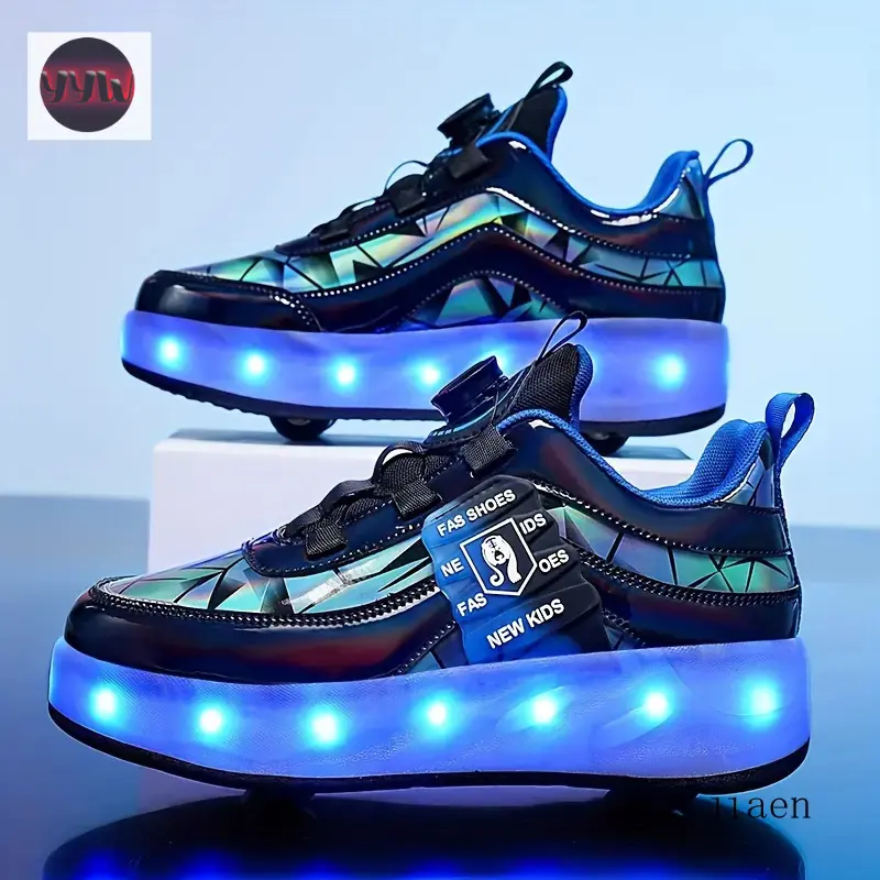 YYW1 Unisex Kid's Fashion LED Light Up Roller Shoes With Rotating, Comfy Detachable Wheel Skate Sneakers Boy's & Girl's Teen Outdoor
