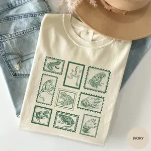 Retro Frogs TShirt, Vintage Stamp T-Shirt, Frog Women Tee, Boho Cottagecore, Vintage Postage Stamp, Tattoo 90s Frog Fabric