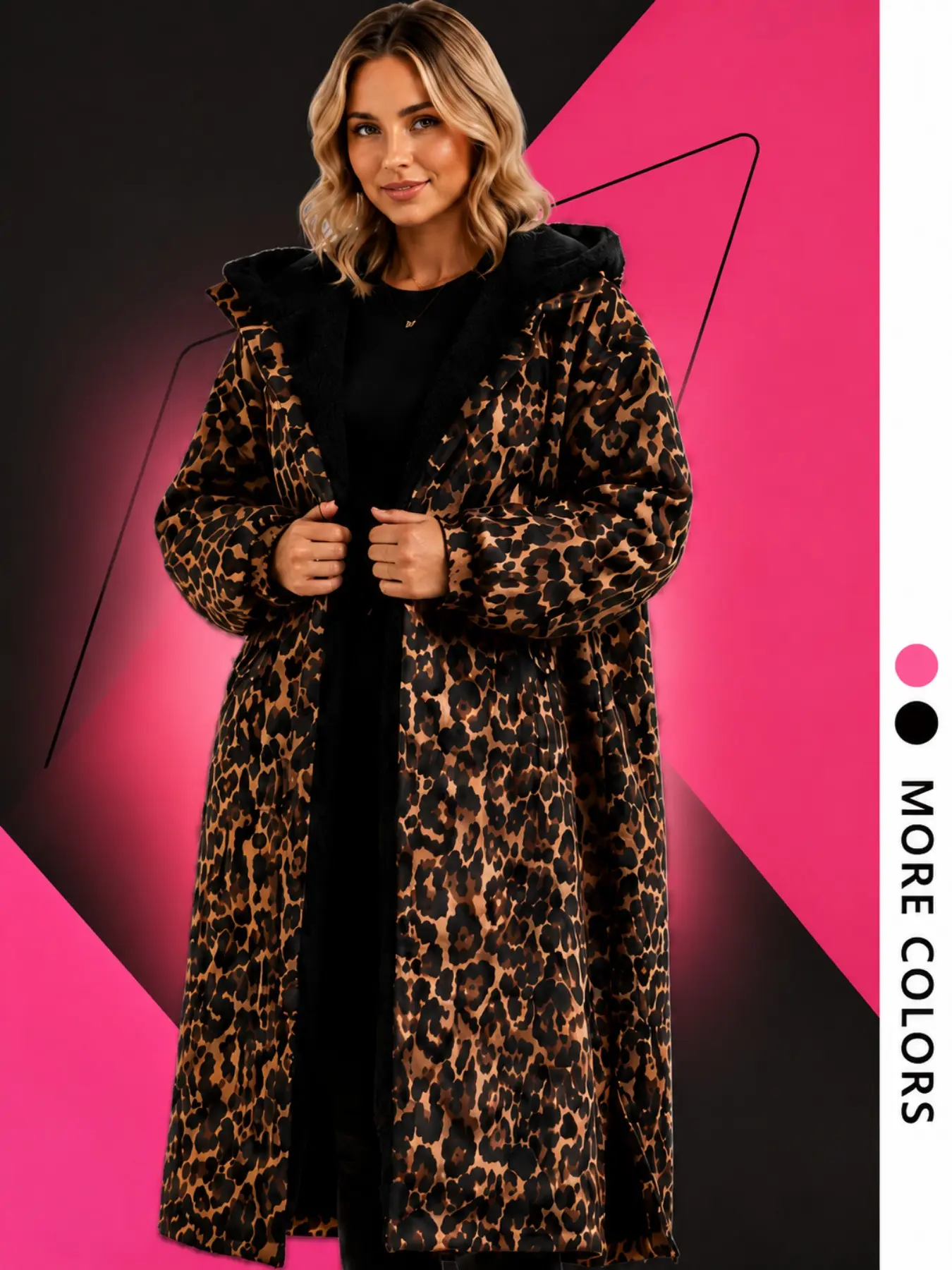 Y2K Long Leopard Coat with Fleece Lining, Oversized Hooded Winter Parka, Casual Streetwear Outerwear, Loose-Fitting Long Sleeve Top