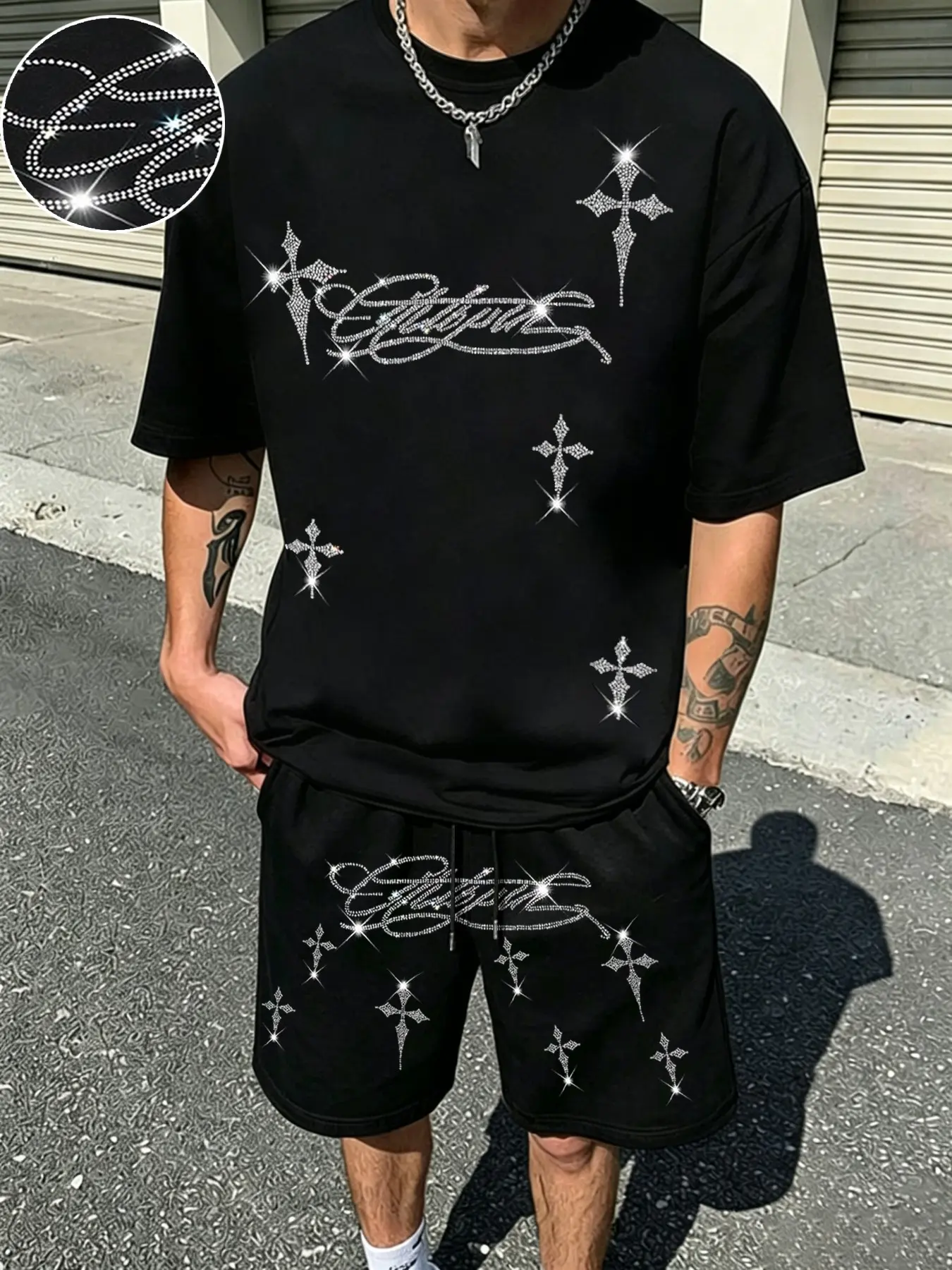 Summer Men's Trendy Graphic Two-Piece Set (t-Shirt + Shorts), Letter Cross Rhinestone Decoration, Casual Daily/party Wear, Perfect for Fashion Lovers!