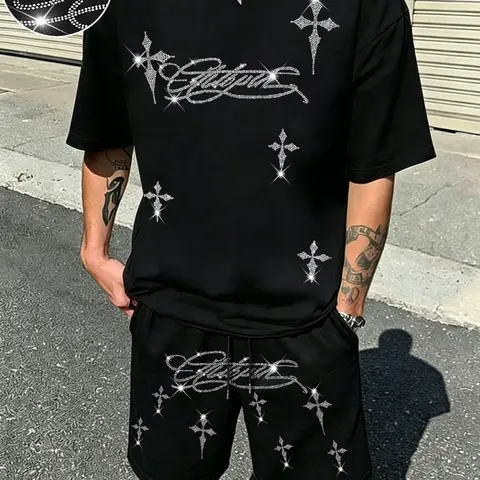 Summer Men's Trendy Menswear Two-Piece Set ( t-Shirt + Shorts), Letter Cross Rhinestone Decoration, Casual Daily/party Wear, Perfect for Fashion Lovers!