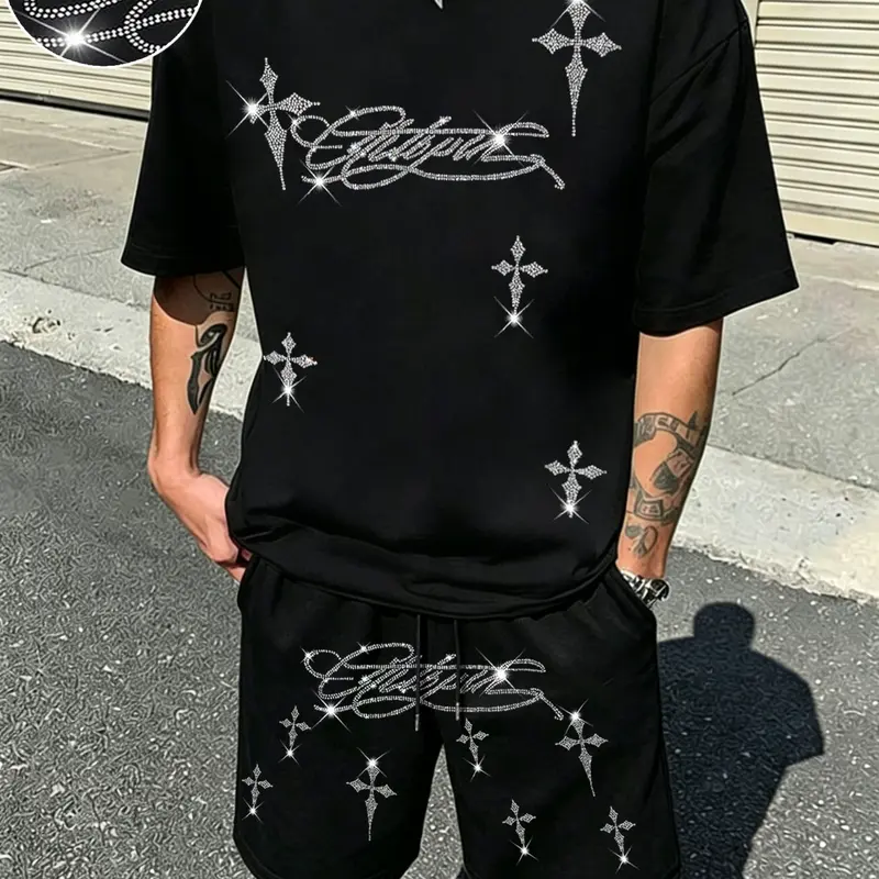 Summer Men's Trendy Menswear Two-Piece Set ( t-Shirt + Shorts), Letter Cross Rhinestone Decoration, Casual Daily/party Wear, Perfect for Fashion Lovers!