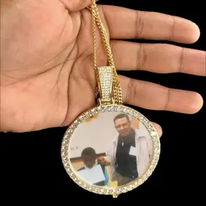 [ICE HUE] XL Large Custom Photo Pendant Necklace, 18K Gold Plated Copper with 5A Zircon, 24-inch Matelasse Chain, Fashionable Jewelry for Women, Luxurious Everyday Wear Personalized Gift Idea