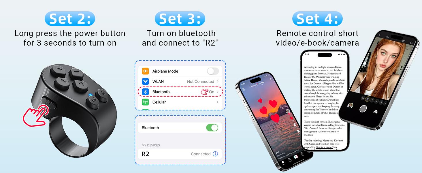 Scrolling Ring Remote Control,Page Turner for iPad iPhone & Android Tablet,Bluetooth Camera Remote, Scrolling Ring for TikTok,YouTube,Instagram,iOS,Android (Black)