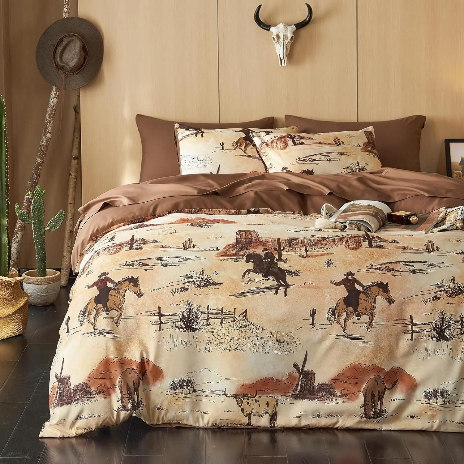 King Size 3-Piece Bedding Set, 100% Polyester Rustic Ranch Cowboy Print Southwest Vintage Pattern, Lightweight Soft Ochre Brown Comforter Set for Bedroom