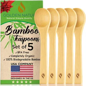 Bamboo Spoon Set 5 Pc Small Kitchen Teaspoons Tiny Wooden Spoons Perfect for Sugar Spices Seasoning Coffee Jam Herbs Honey & Dessert