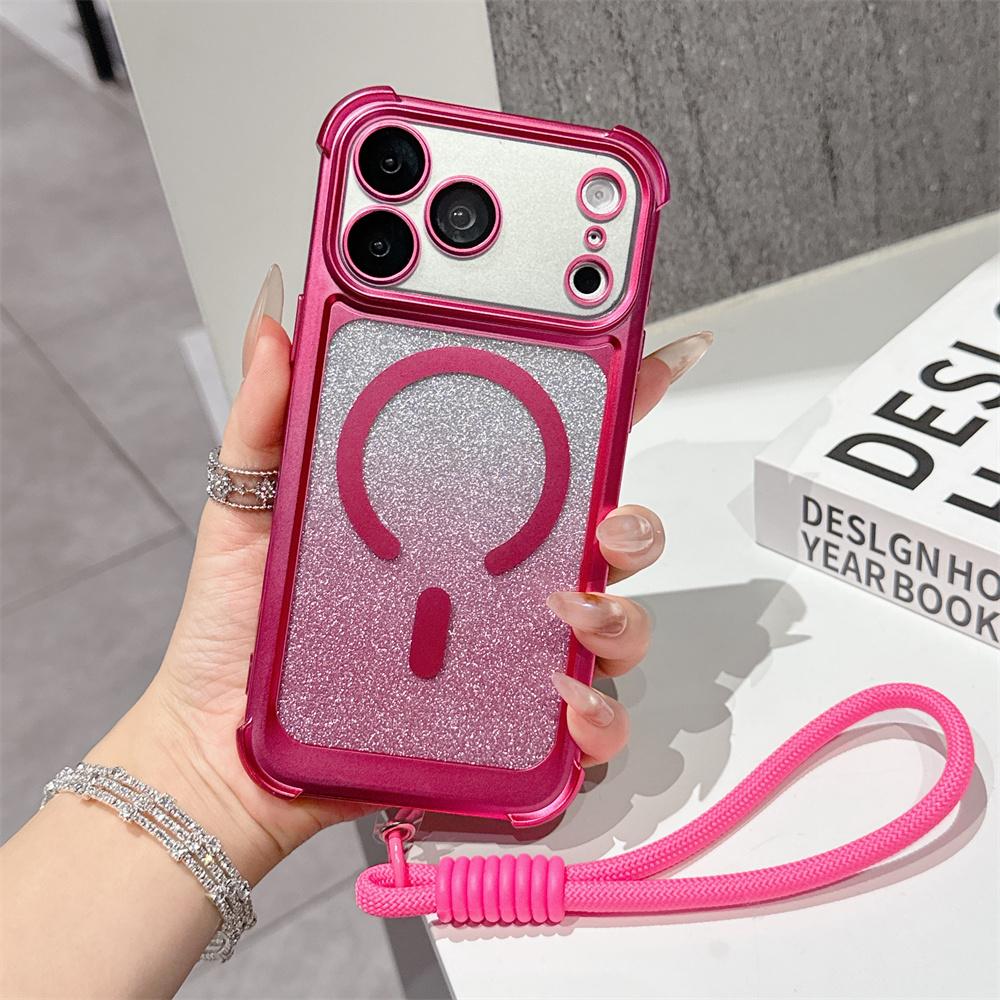 Luxury Wrist Strap Glitter Lanyard Phone Case For iPhone 17 Air 16 15 14 13 Pro Max For Magsafe Wireless Charging Armor Cover
