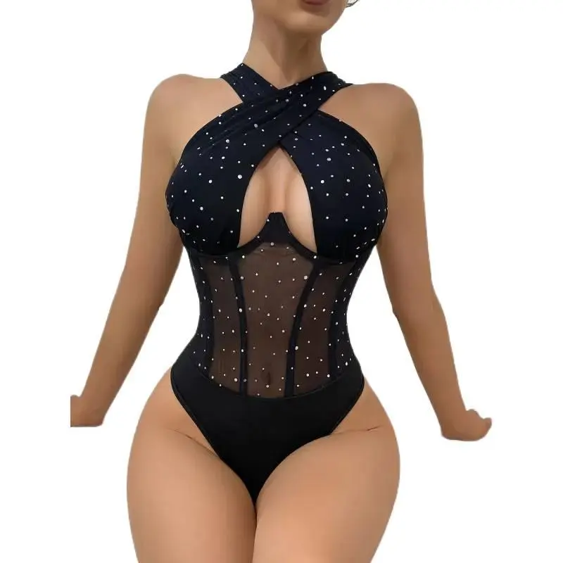 Women's Sexy Halter Bodysuit with Underwire Support, Sequin and Mesh Slimming Bodycon Top for Party Nightclub Wear, Bodysuits, Sleeveless, Sequins, Halter Neck, Slimming Cut, Lady, Bodysuit Obsessed