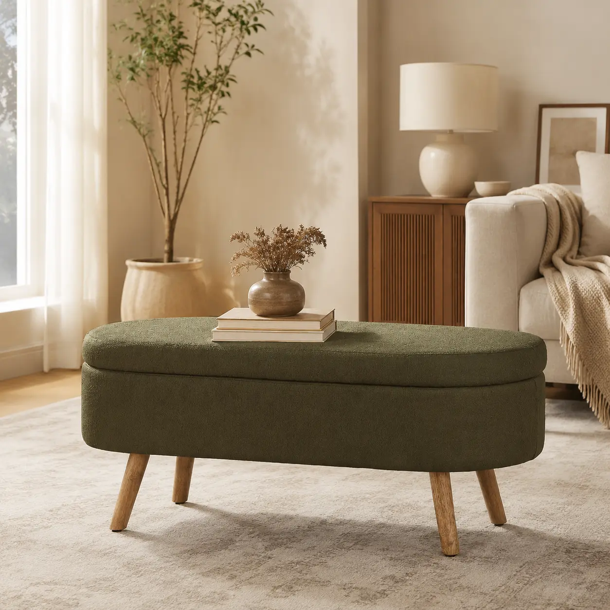 Littleox Luxury Oval Boucle Storage Ottoman Bench with Wood Legs 350lb Weight Capacity & Safety Hinge, for Living Room, Bedroom Entryway