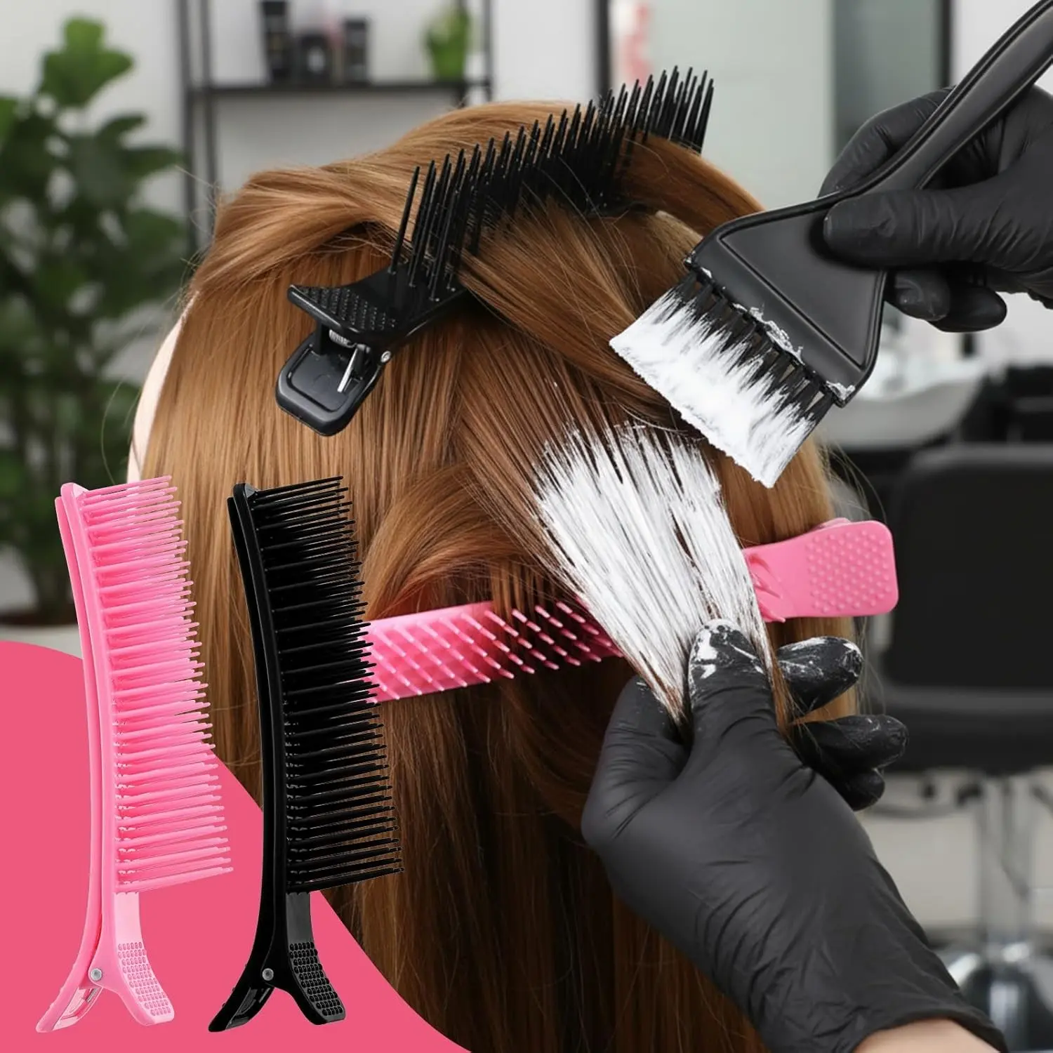 Hair Sectioning Clips with Comb Teeth, 2-in-1 Styling Tool for Coloring and Cutting, 2 Pieces, Dual Function as Clip and Comb, Plastic Material, Pink/Black, Suitable for Salon and Home Hair Styling, Hair Cutting Accessories