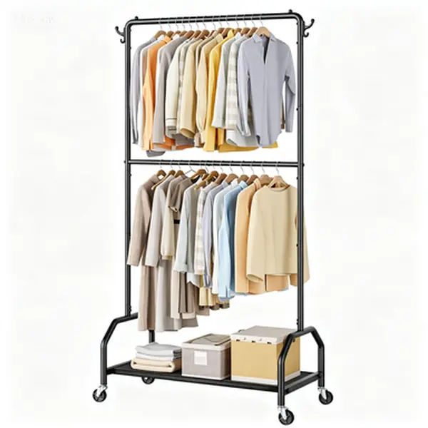 Heavy Duty Rolling Clothes Rack with Double Hanging Rod, 130LBS Capacity Garment Rack on Wheels, Portable Clothing Rack for Hanging Clothes, 34.5 Inch Wide Steel Clothes Rack with Bottom Shelf, Strong Metal Coat Rack for Bedroom Closet