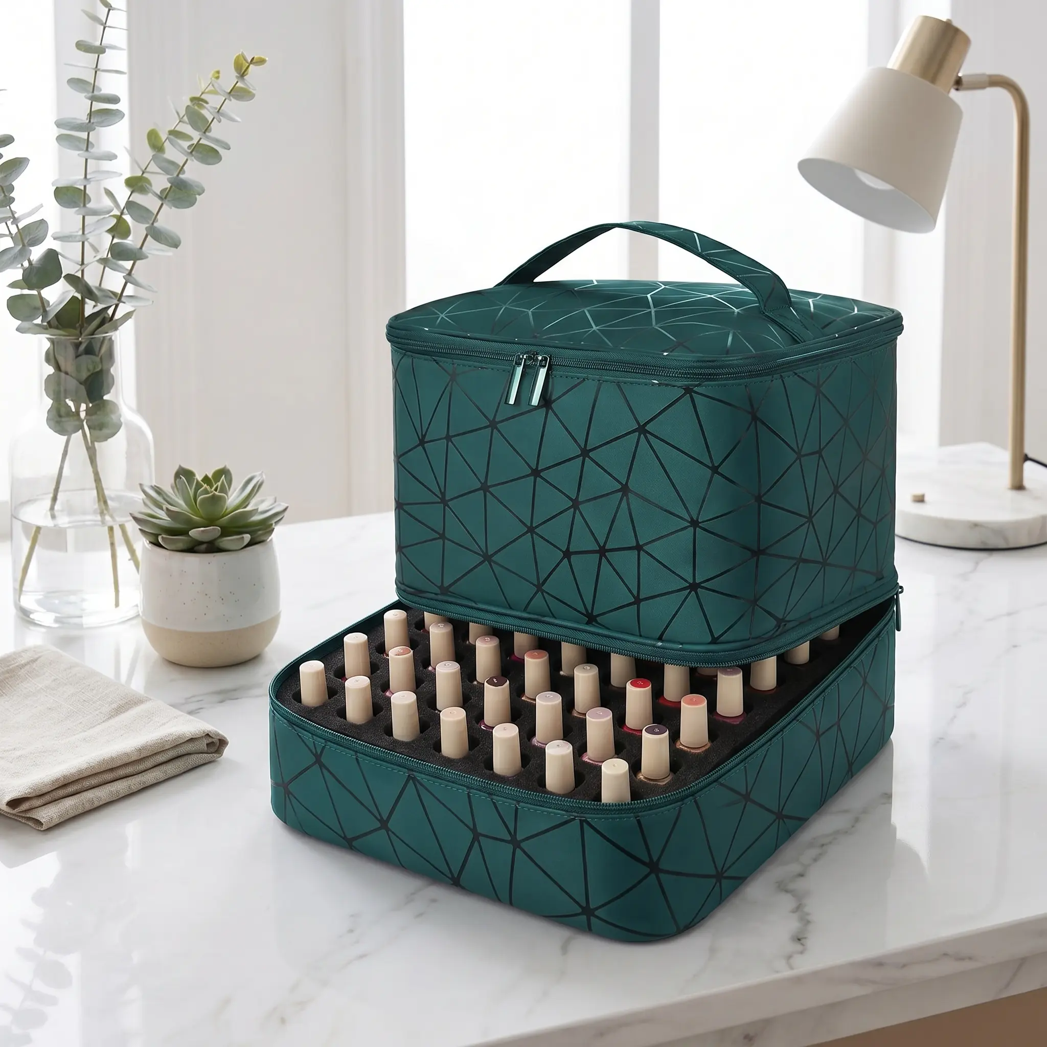 Double Layer Nail Polish Organizer Bag, Geometric Pattern Portable Travel Case with Dividers. Holds 30 Polish Bottles, UV Nail Lamp & Manicure Tools. Large Capacity Cosmetic Makeup Storage. Detachable Slots. Water-resistant High-density PU.