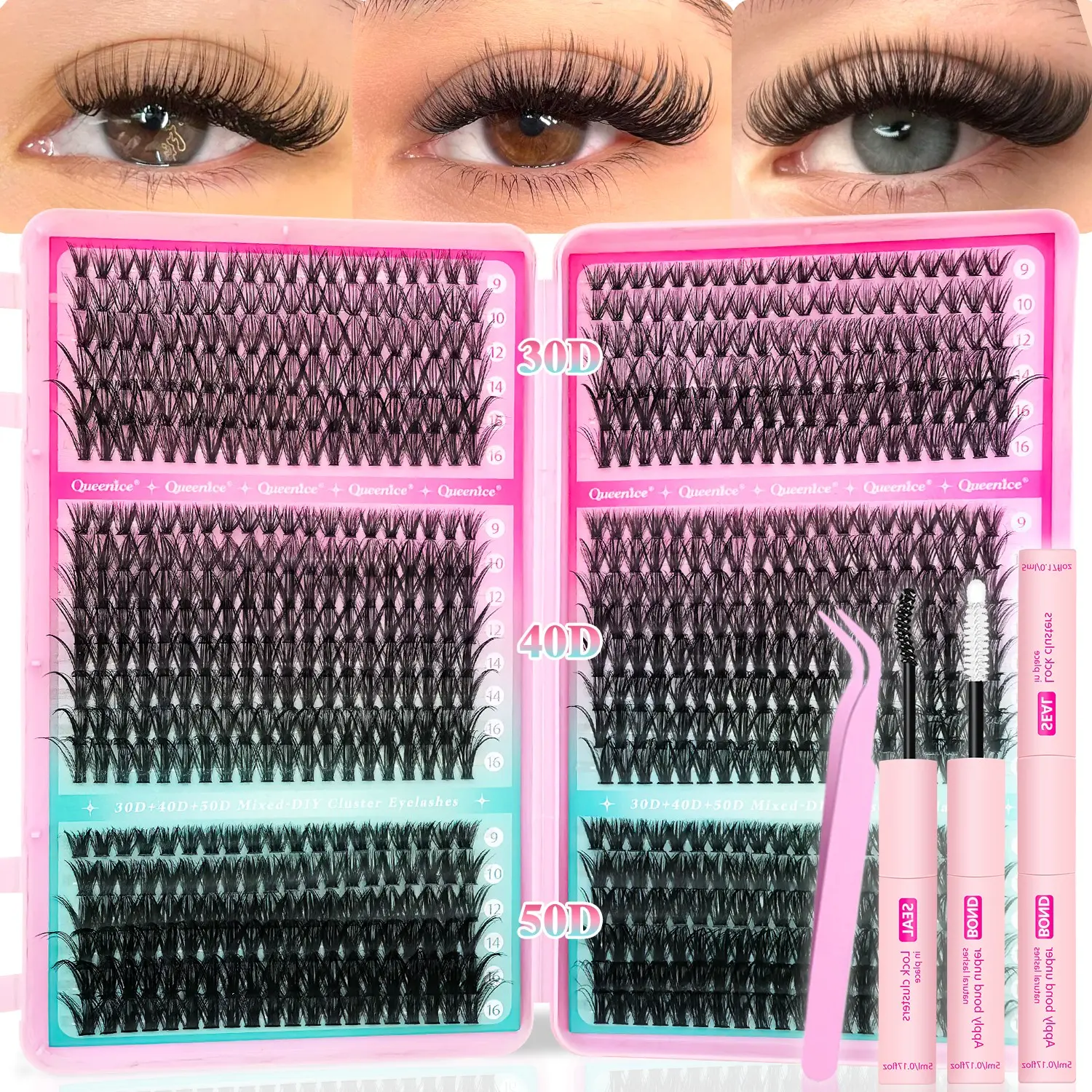 30D40D50D DIY False Eyelash Extension Kit 800pcs Individual Lash Clusters D Curl 9-16mm Mixed Length Lash Clusters with Bond and Seal, Tweezers for Beginners DIY at Home, Women Cosmetics