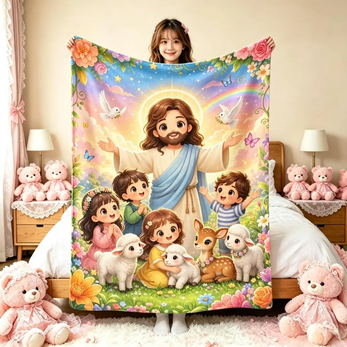 Cute Cartoon Jesus Floral Flannel Throw Blanket, Dove Lamb Deer Rainbow Print Soft All Season Blanket, Bedroom Sofa Decor, Religious Holiday Birthday Gift For Faith Lovers, Flannel Polyester, Home Decor, Throw Blankets