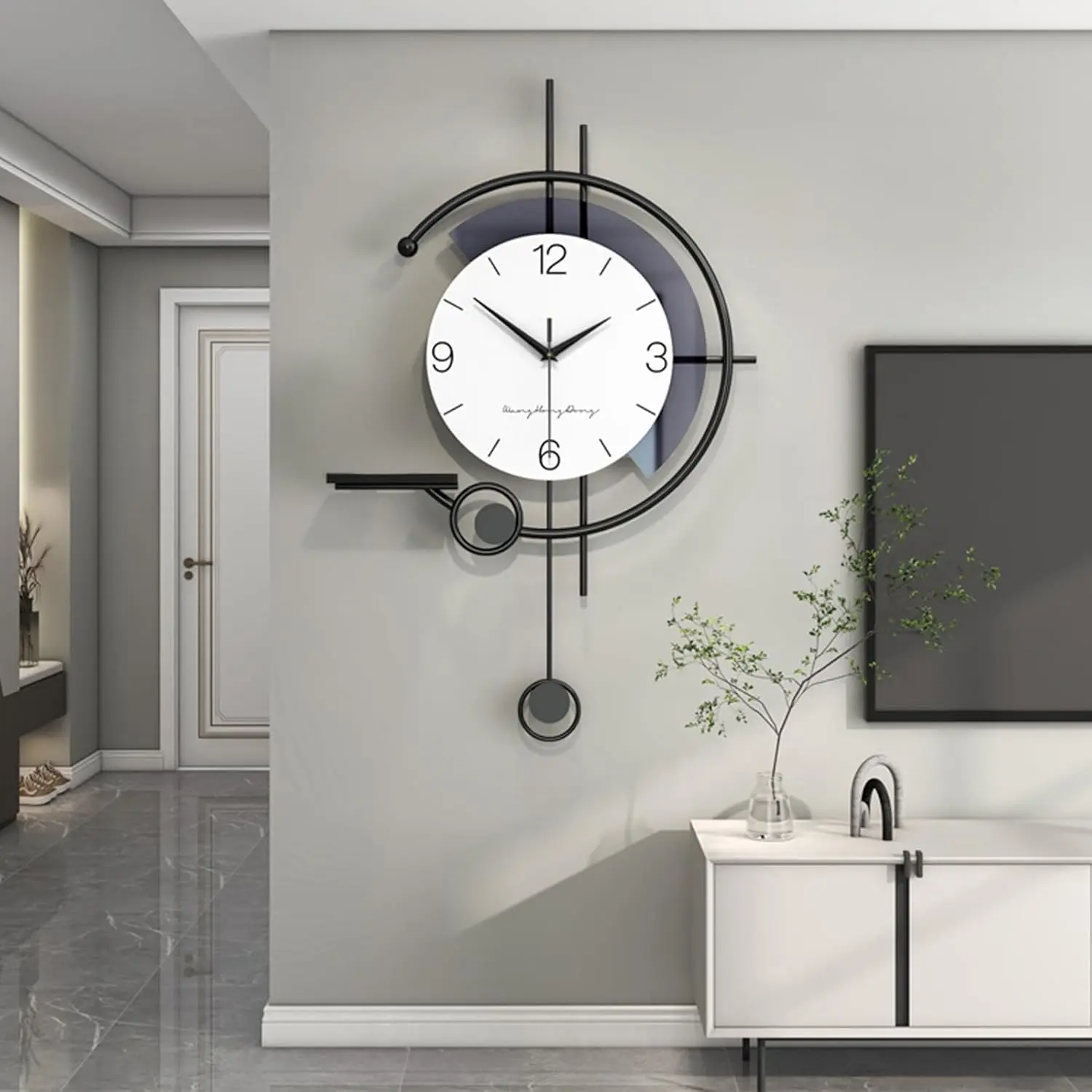 Modern Wall Clock Large Minimalist Decorative Wall Clocks Creativity Silent Non Ticking Pendulum Clocks with Storage Rack Art Decor Quartz Clock for Living Room Bedroom Kitchen Office (Small)