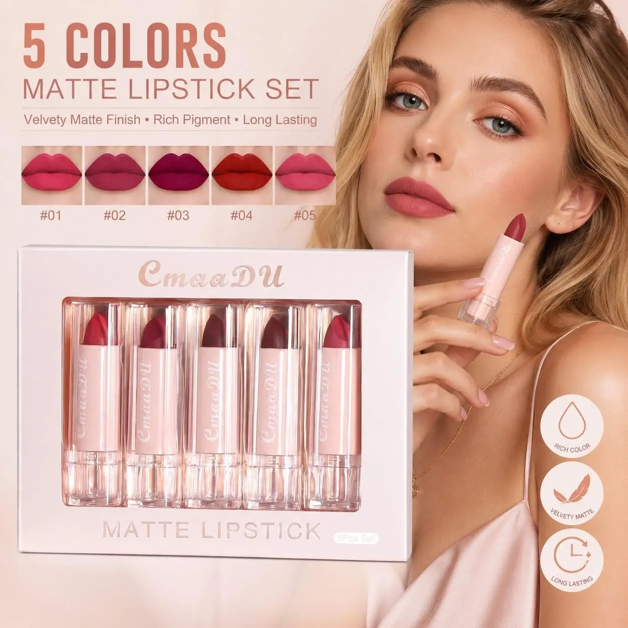 CmaaDu 5Pcs Velvet Matte Lipstick Set, Lipstick Palette, Waterproof Long-Lasting High Pigment Lip Makeup, Matte Lipstick & Gloss, Ideal Daily & Holiday Gift Box For Women