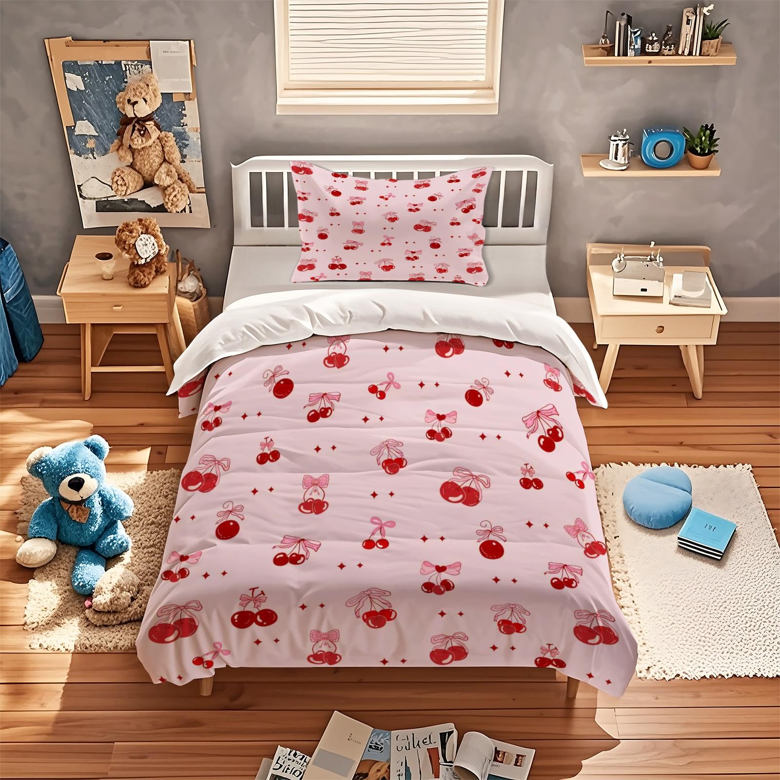 Cherry Bow Pattern Soft Durable Bedding Set, Includes 1 Fitted Sheet & Pillowcases, Perfect Gift for Teens Adults, Modern Bedroom Decor