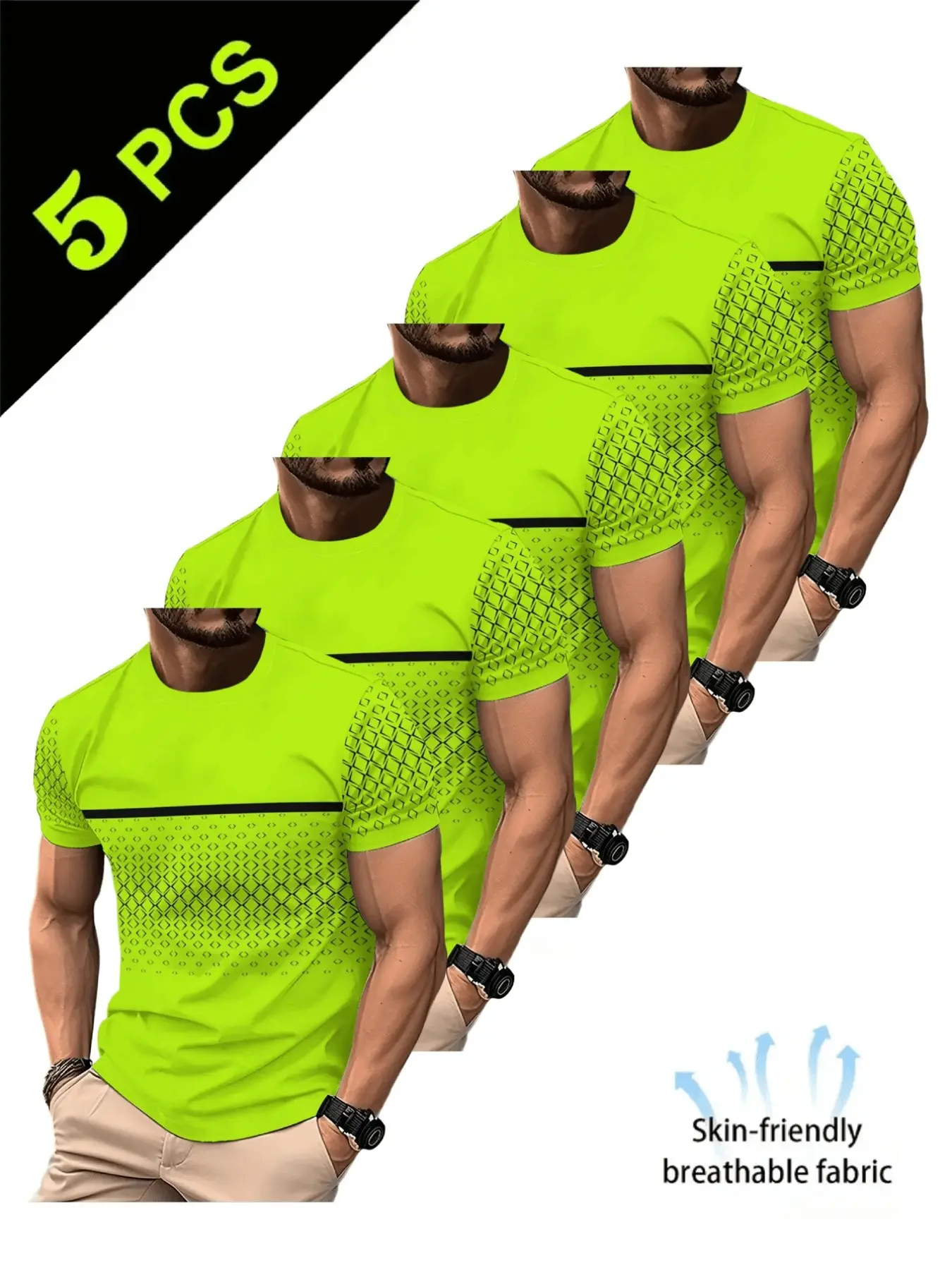 5-Pack Fluorescent Rhombus Texture Striped Men's Fitted Round Neck Short Sleeve T-Shirts, Tops, Casual Wear, Fitness, Street Style, Daily Commute, Outdoor Activities