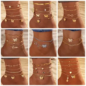 Gold Layered Anklets Set for Women Butterfly Heart Foot Jewelry, Trendy Silver Star Infinity Ankle Bracelet, Boho Pearl Pineapple Foot Chain, Summer Holiday Gift