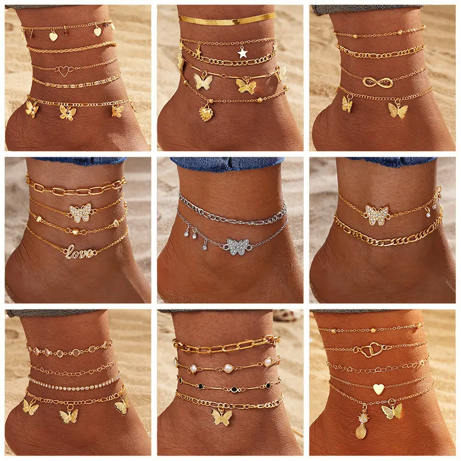 Gold Layered Anklets Set for Women Butterfly Heart Foot Jewelry, Trendy Silver Star Infinity Ankle Bracelet, Boho Pearl Pineapple Foot Chain, Summer Holiday Gift