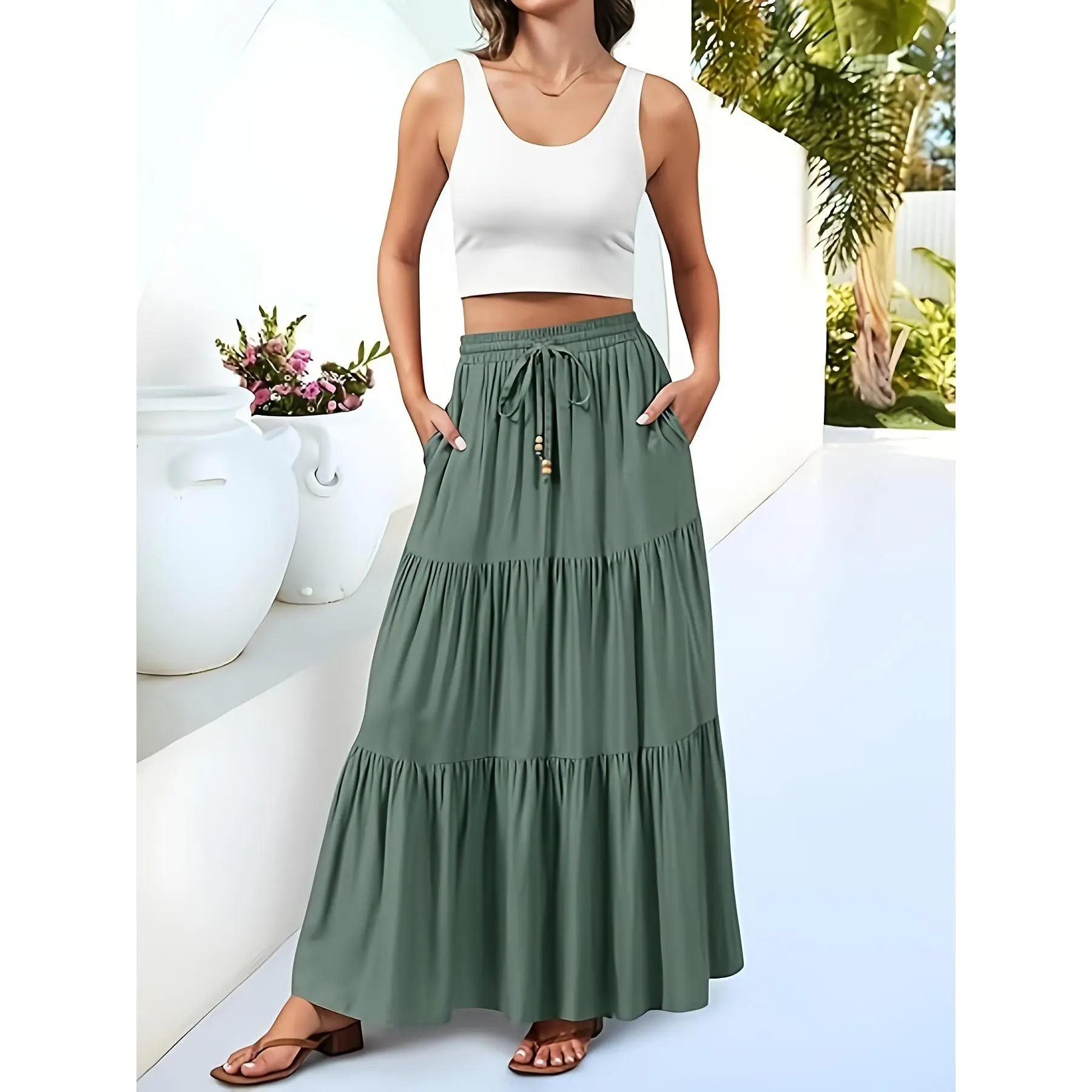 High Waist Pleated A Line Long Skirt with Belt and Functional Pockets Flowy Layered Beach Summer Vacation Outfit for Women Casual Elegant Office to Evening Wear