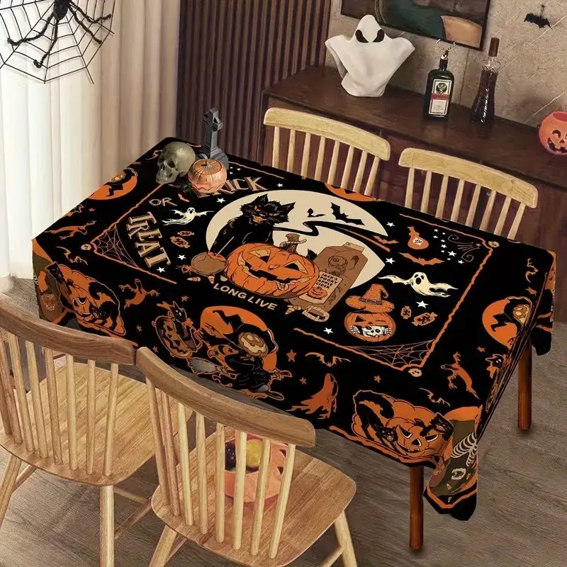 Halloween Tablecloth with Cat, Pumpkin, Bat, Witch Design, Accents, Rectangular, Indoor Outdoor Party Decor, Festive Atmosphere