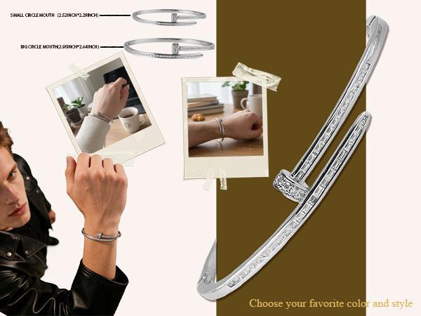 14K Gold Plated Brass Nail Bangle Bracelet for Women Men, 5A Cubic Zirconia Inlaid Unisex Stackable Non Tarnish Gold Bracelets