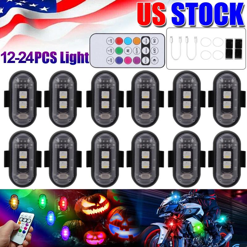 12/18/24Pack Wireless LED Strobe Lights with Remote Control, 8-Color and 10-Model USB Charging Waterproof Anti-Collision LED Emergency Warning Lights Wireless Rock Lights for Cars Drone Aircraft Motorcycle Bike