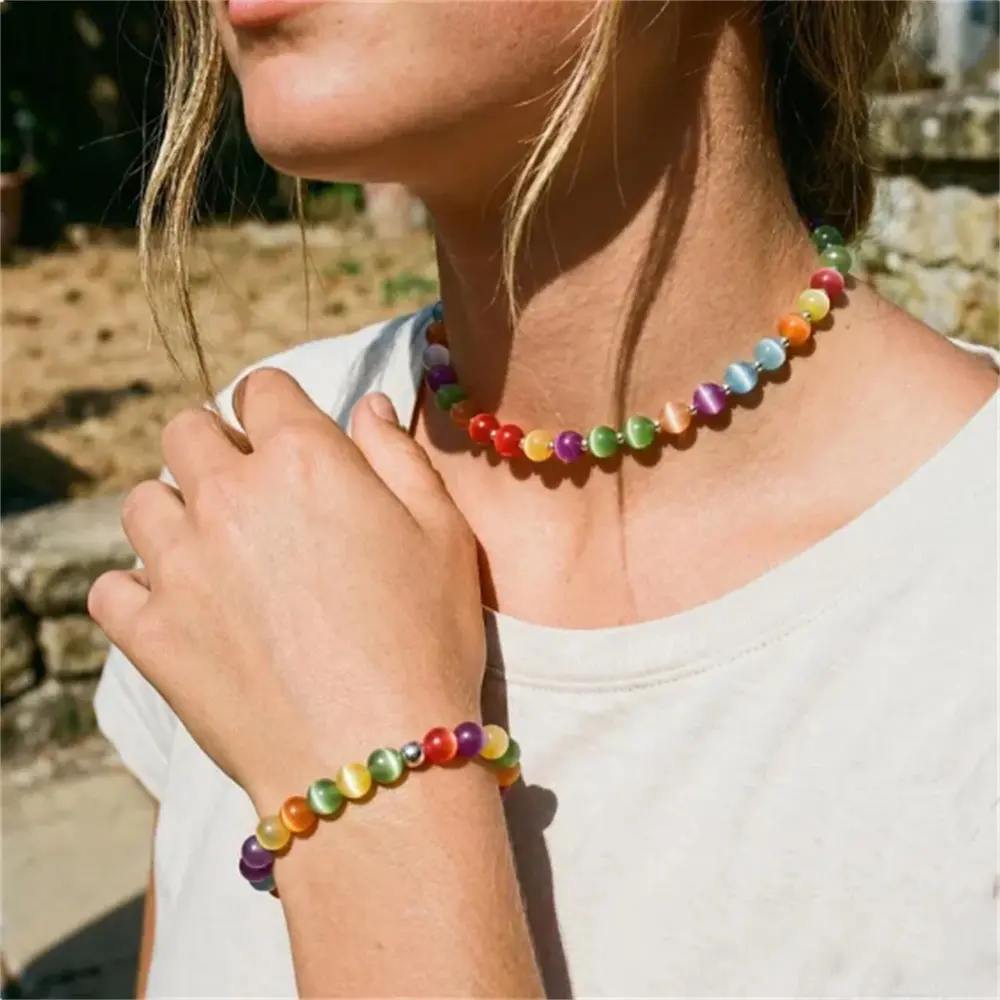 Unisex 2-Piece Rainbow Beaded Choker & Bracelet Set - Dopamine, UV Reactive, Waterproof Natural Stone Jewelry with Stainless Steel Accents - Birthday Gift for Summer Wear