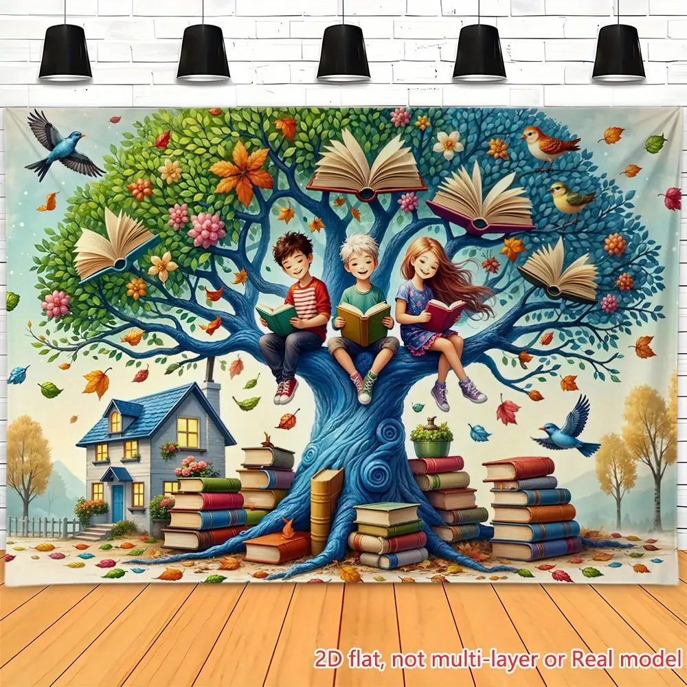 Reading Tree Backdrop Party Background Book Theme Tapestry Wall Hanging Premium Polyester Photography Background Storytelling Event Decoration Birthday Celebration Home Office Garden Decor