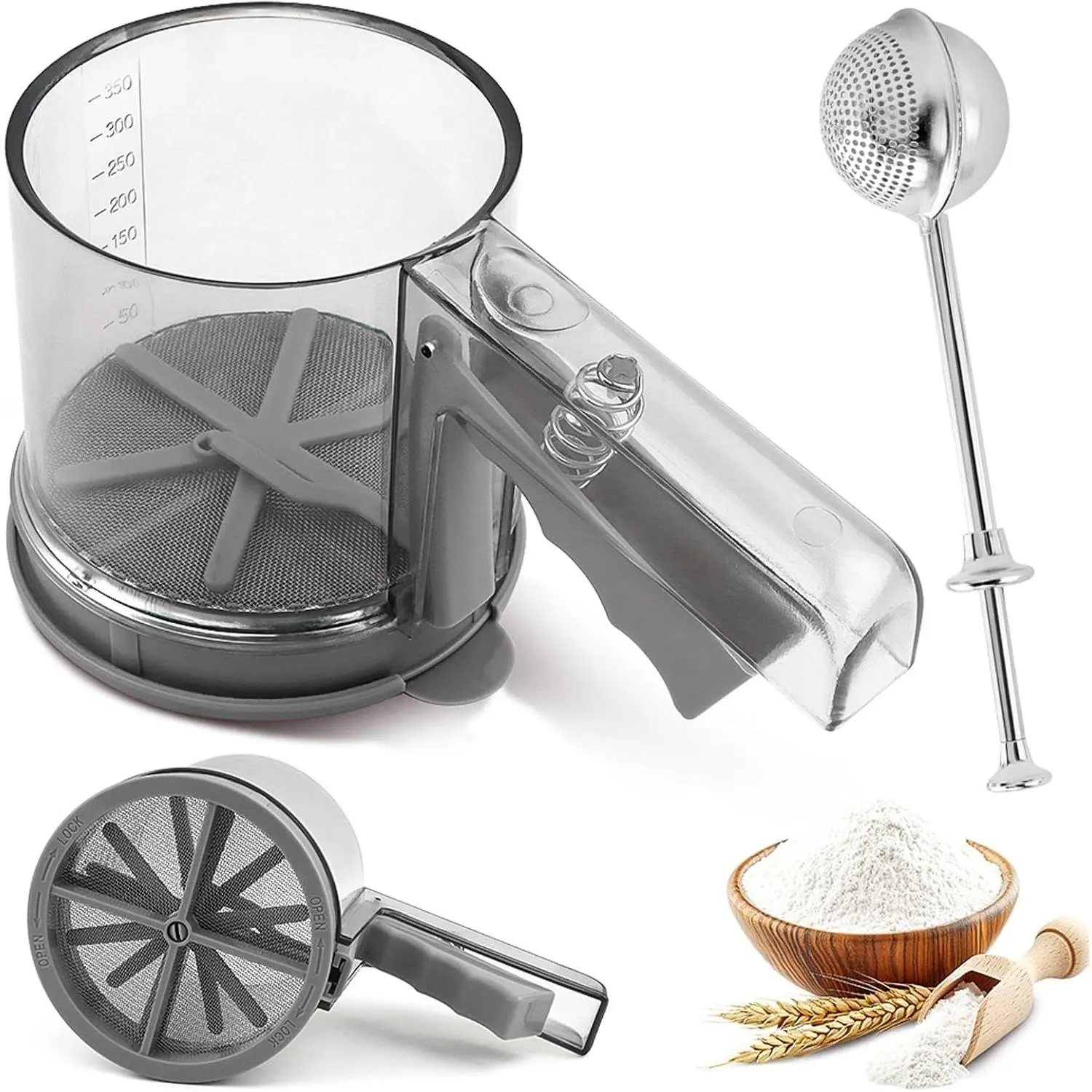 Stainless Steel 2-in-1 Flour Sifter Set with Straight Handle & Press Double-Layer Fine Mesh Filter, Engraved Scale Bakeware for Kitchen Baking, Powdered Sugar Duster for Cakes, Pastries