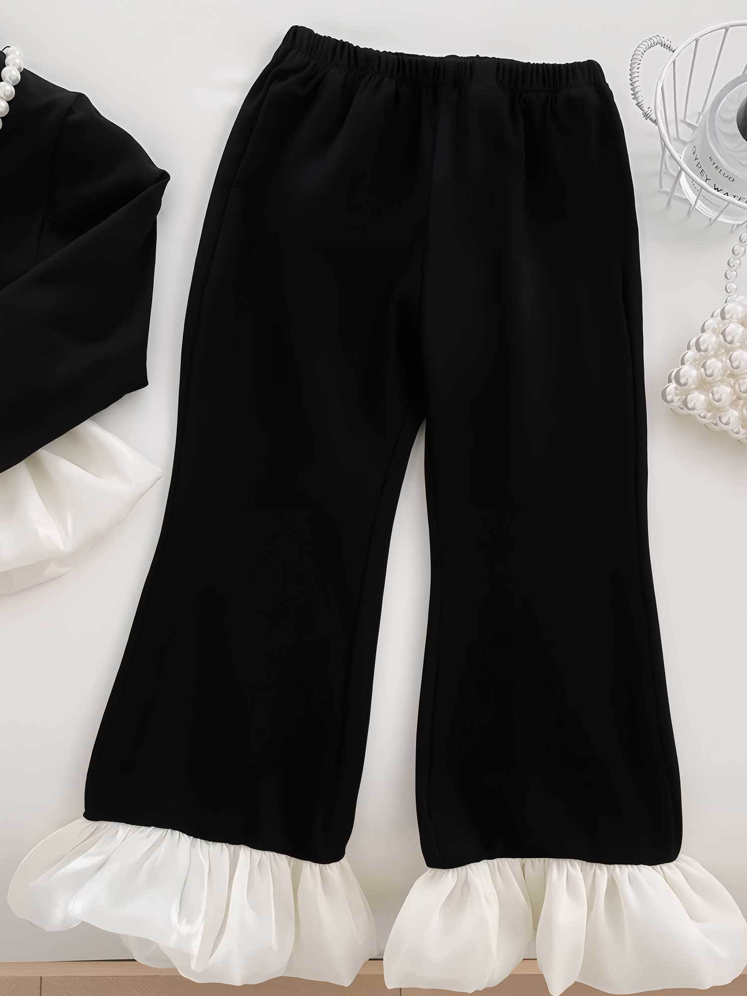 Chic Little Girl Fashion Set - Black Style Top with Floral Embroidery and Ruffled Edges + Ruffled Wide - Leg Pants, New Autumn Style for Young Girls, Loose, Comfortable and Stylish Set, Perfect for, Christmas Dress, Girls Christmas Outfit, Girls Clothes,