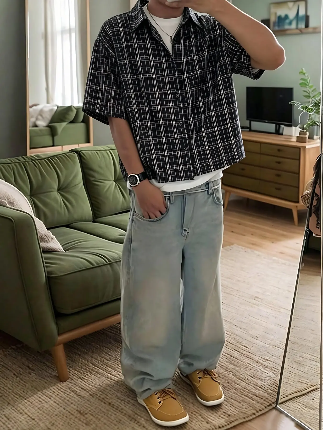 Men's Retro Fashion Casual Button Collared Shirt, Short Sleeve Plaid Design, Loose Fit Street Style, Comfortable Daily Wear, Trendy Clothing