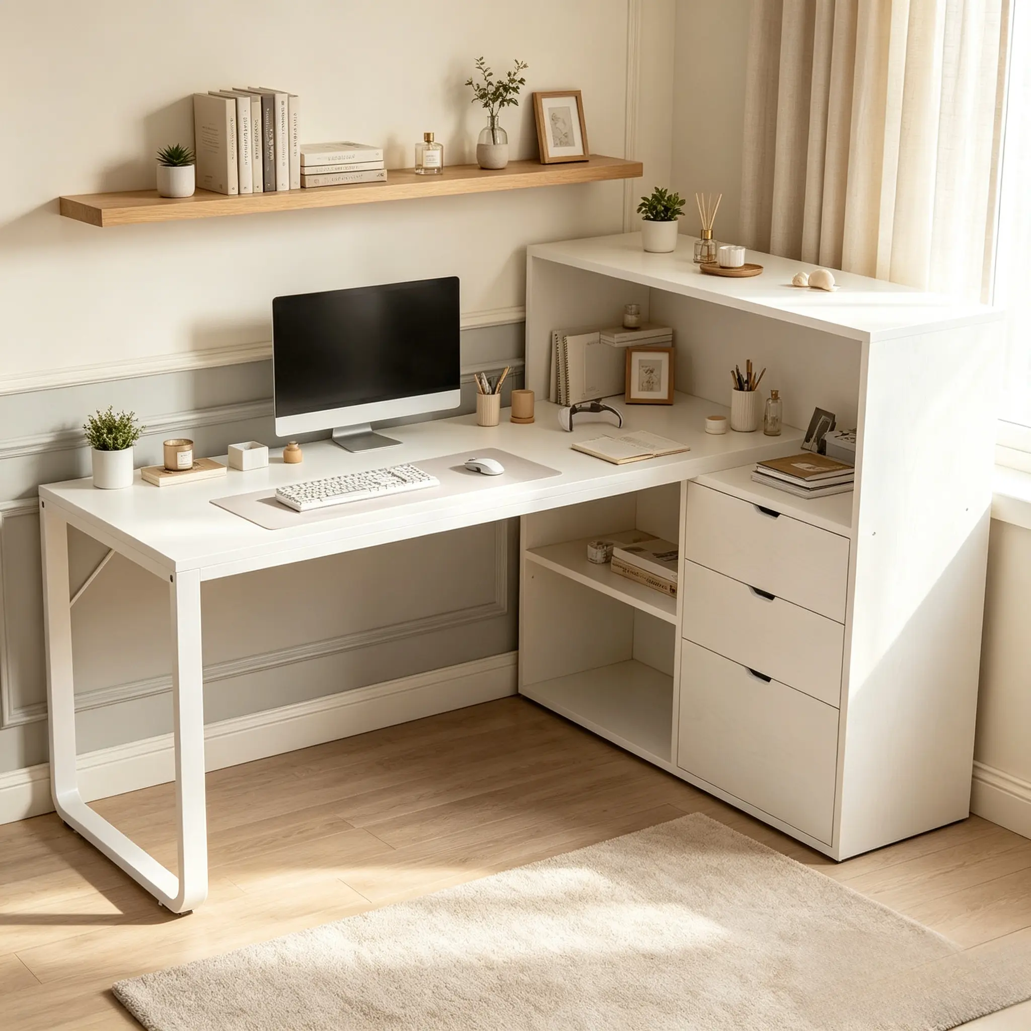 White L-shaped desk with drawers, corner computer desk and manicure table, equipped with power sockets and LED lights; home office desk featuring storage shelves and bookcase
