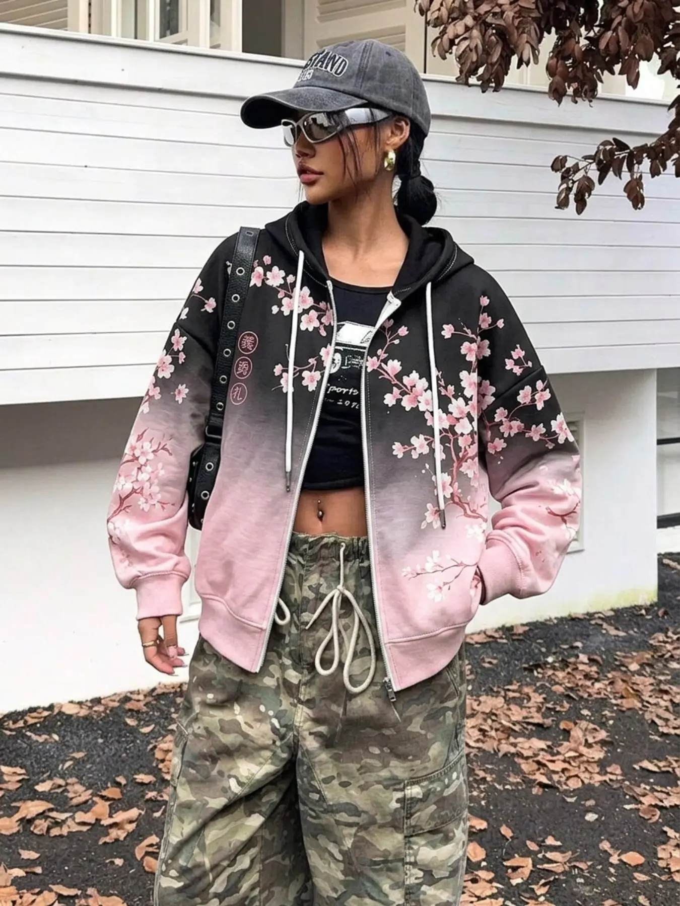 American Y2K Japanese Cherry Blossom Gradient Tie-Dye Hooded Open Front Cardigan, Full Print Floral Casual Zip-Up Sweatshirt