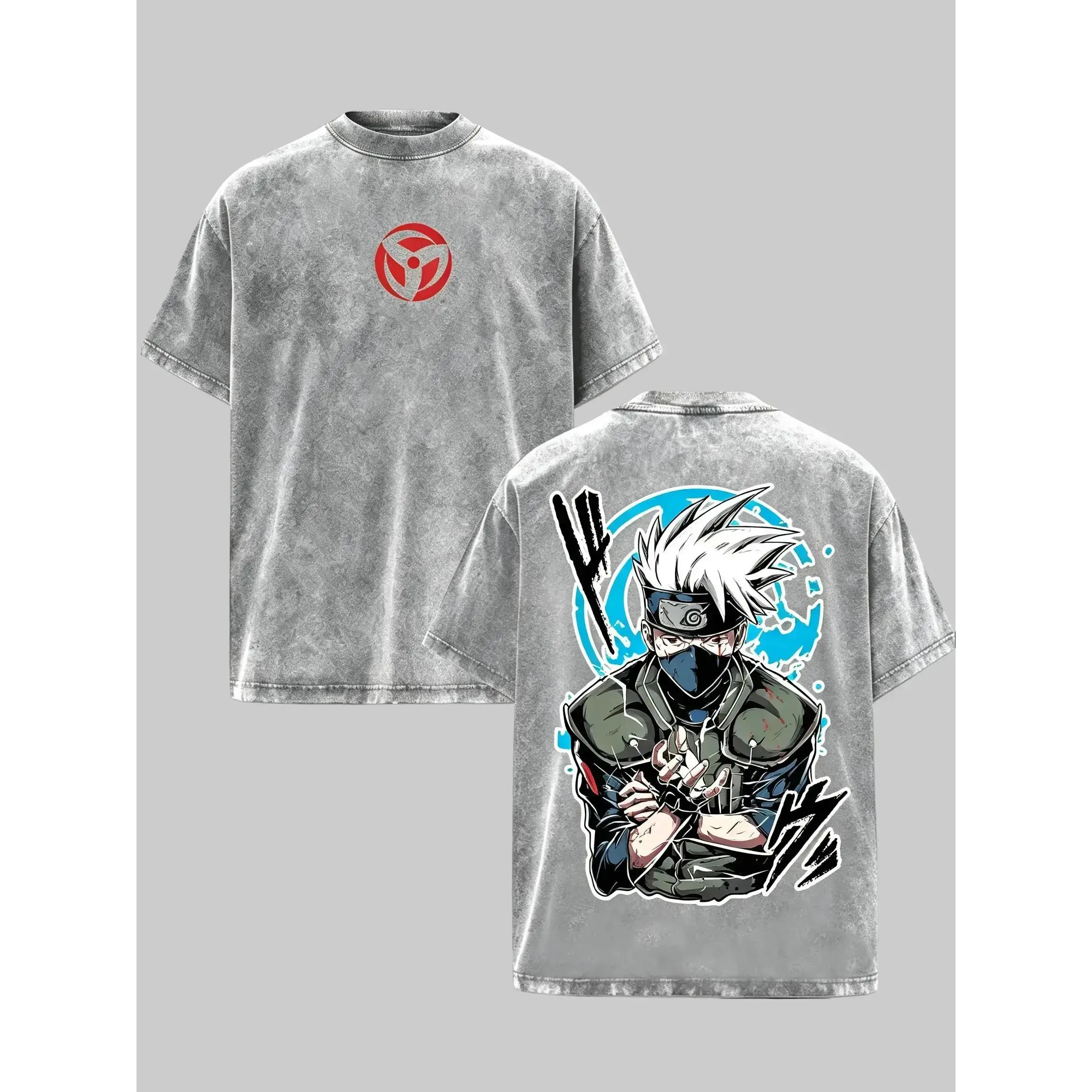 Naruto Kakashi Hatake Vintage Washed Graphic T Shirt Anime Oversized Heavyweight Cotton Tee Y2K Streetwear Boxy Fit Drop Shoulder Acid Wash Unisex Retro Manga Summer Top