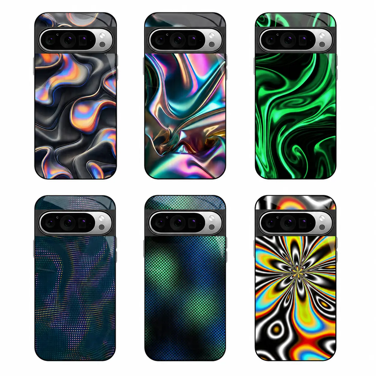 Psychedelic Liquid Swirl Tempered Glass Phone Case for Samsung Galaxy S22-S26 & Google Pixel 7 8 9 10, Glossy TPU Protective Cover