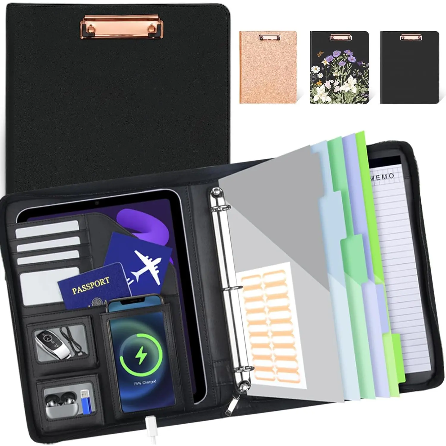 Leather Look Clipboard with Storage + Clip, Zippered Padfolio Portfolio for Professionals, 1in 3-Ring Binder with 5 Dividers, Letter Size Notepad, Elastic Closure, Pen Loop, Card Slot, Tablet & Touchscreen Safe Black Desk Organizer