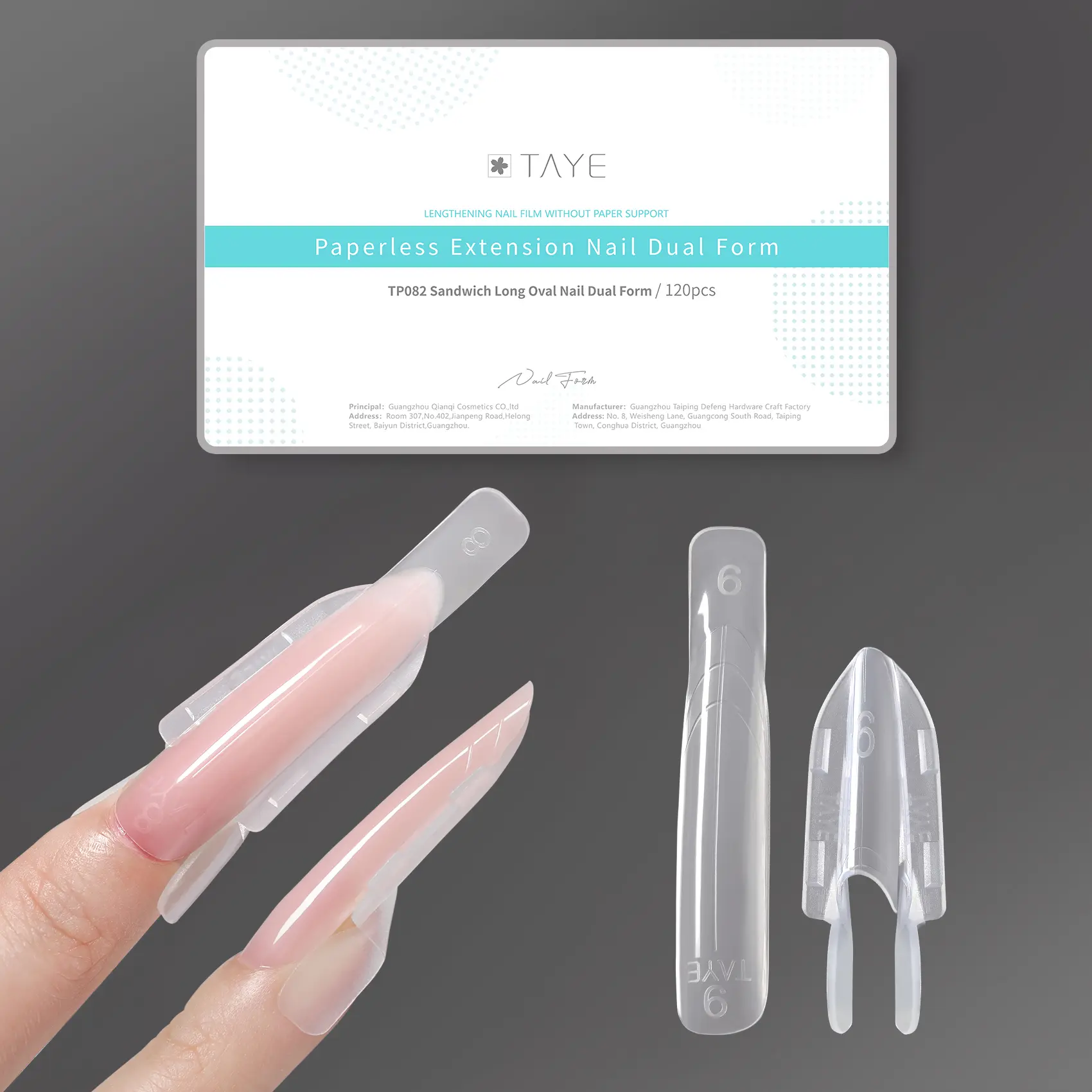 TAYE Dual System Polygel Forms 120PCS Sandwich Nails Forms TP082, 15Sizes Paperless Dual Forms Nail Molds Clear Design with Measurement Lines, Reusable Snap-On, For Almond, Coffin, and Ballet Nails, Salon Nail Art Tools