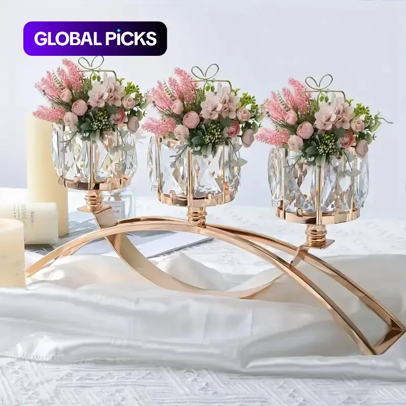 1pc 3-arms Elegant Metal Candle Holders with Crystal Bowl Tea Light Holders, Romantic Table Centerpiece Decoration, Oil Polished Surface, Perfect for Wedding, Party, Living Room and Home Decor, Candle Stand, Decorations Supplies #GLOBAL PICKS