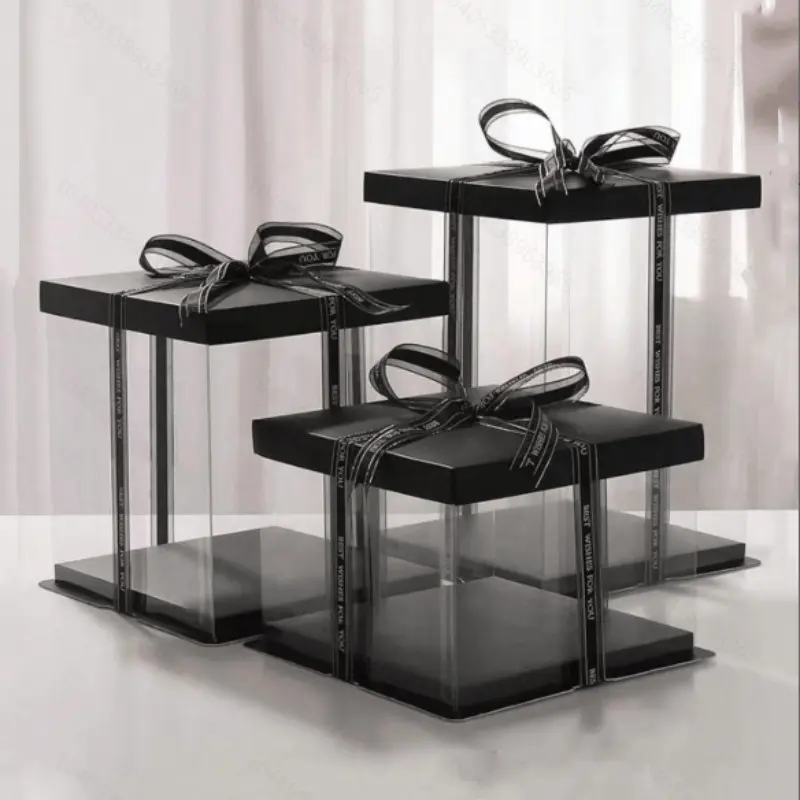 3-Pack  Tall Gift Boxes Clear cake Box with Ribbon,Ideal for Large 6" Tall Layer Tiered Cakes and Clear Gift Boxes for Wedding Party and Gift Display