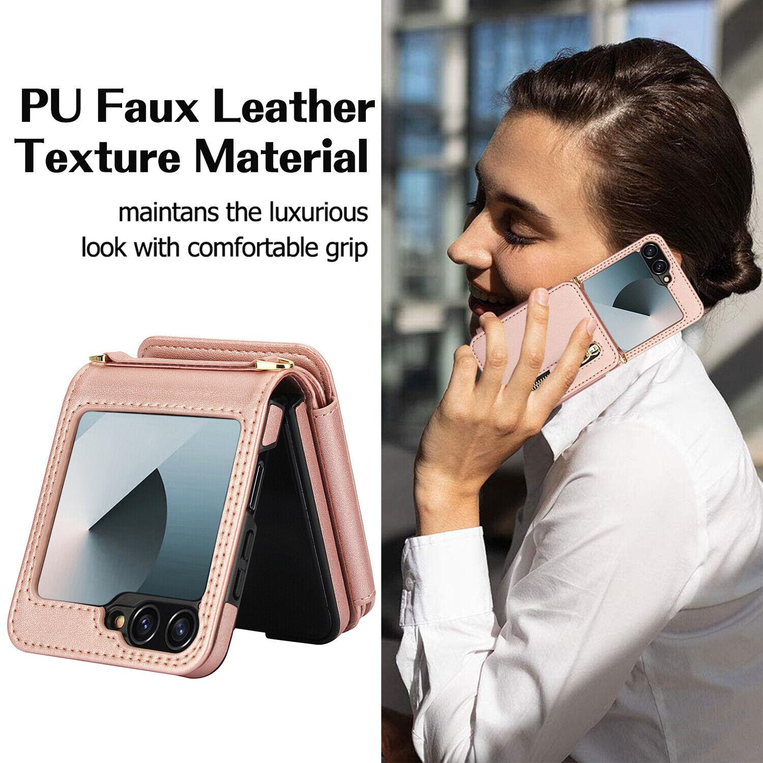 [FREE!SHIP] for Samsung Galaxy Z Flip 6/5/4/3 5G Wallet Case with Built-in PU Leather Cash Slot Zipper Purse with Credit Card Slot Holder Carrying Handbag Stand Phone Case Hinge Protection Adjustable Lanyard for Women Ladies