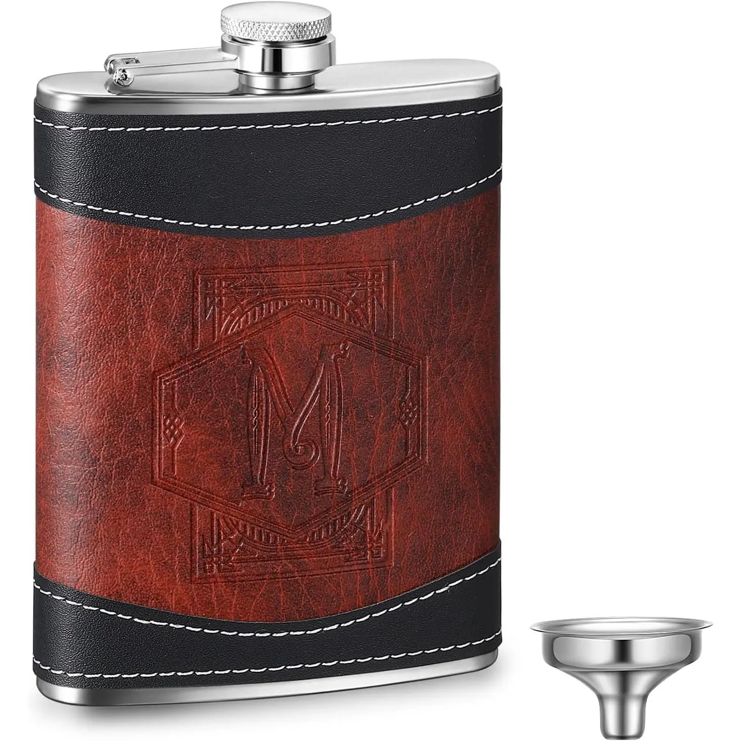 Personalized Groomsmen Flask 8 oz Stainless Steel Monogram Hip Flask for Men Leather Birthday Gift for Father's Day Dad Grandpa Wedding(Letter M)