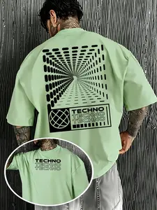 Men's Techno Print T-Shirt, Edm Dance Oversized Street Style, Short Sleeve, Casual Fitted Top, All Seasons Wear