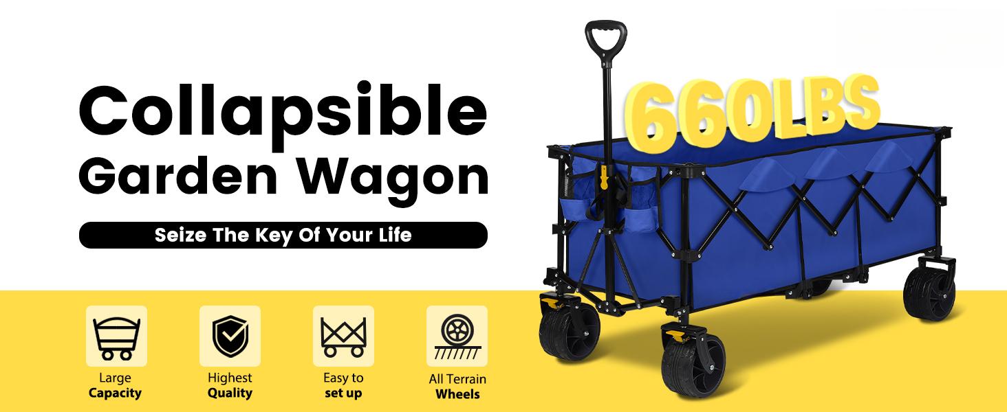 Extended Collapsible Foldable Wagon with 660lbs Weight Capacity, Heavy Duty Folding Utility Garden Cart with Big All-Terrain Beach Wheels & Drink Holders. Royal Blue