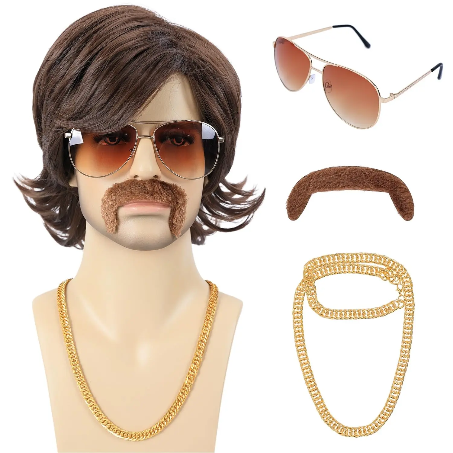 Men's 70s 80s Costume Wig with Mustache Glasses and Chain Short Brown Shaggy Disco Style for Rocker Singer Hippie Retro Cosplay Halloween Party(Gift)