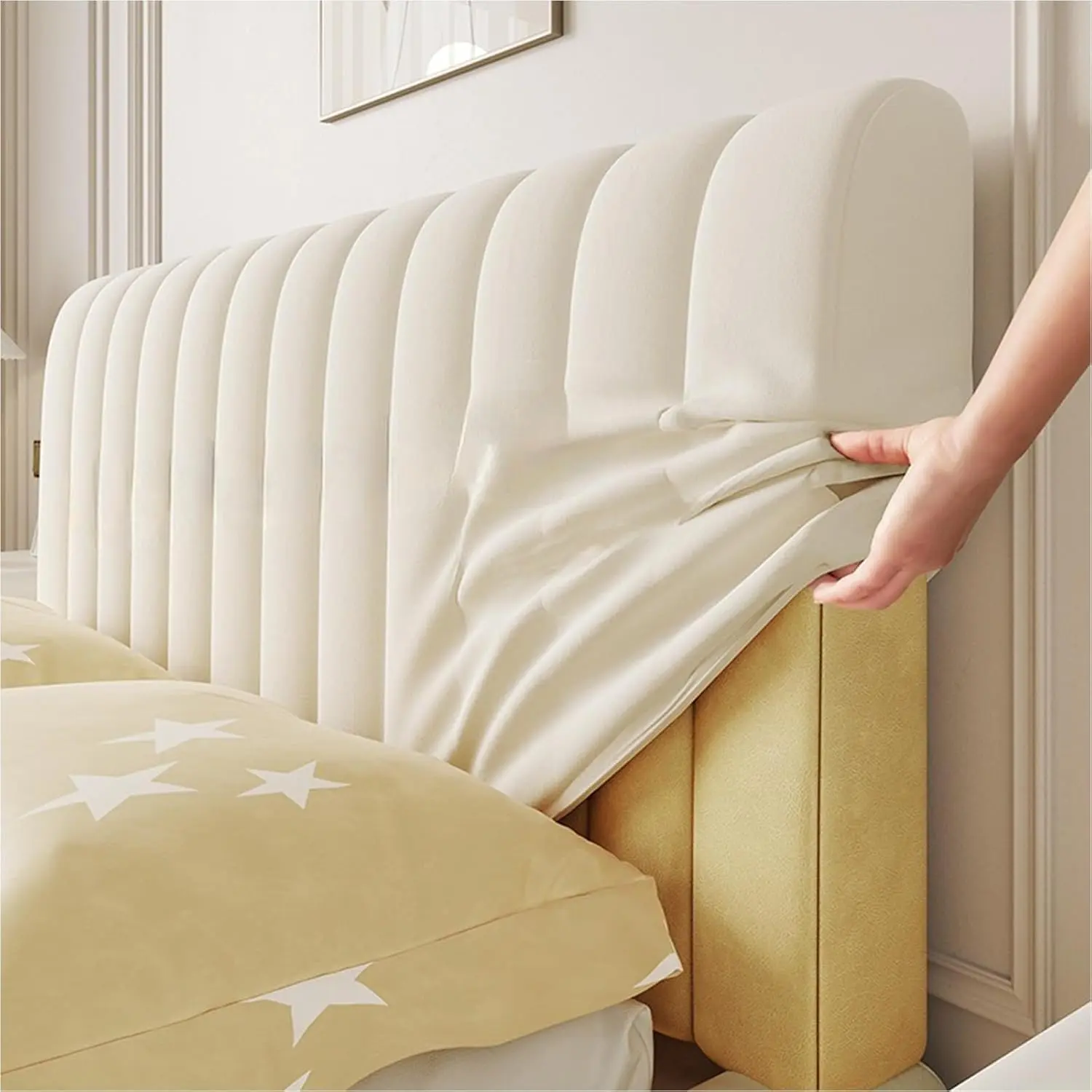 Velvet Headboard Cover Full Queen King Size, Quilted Headboard Slipcover Thicken Dustproof Headboard Padding Protector Cover for Bedroom Decoration(White,120cm/47in)
