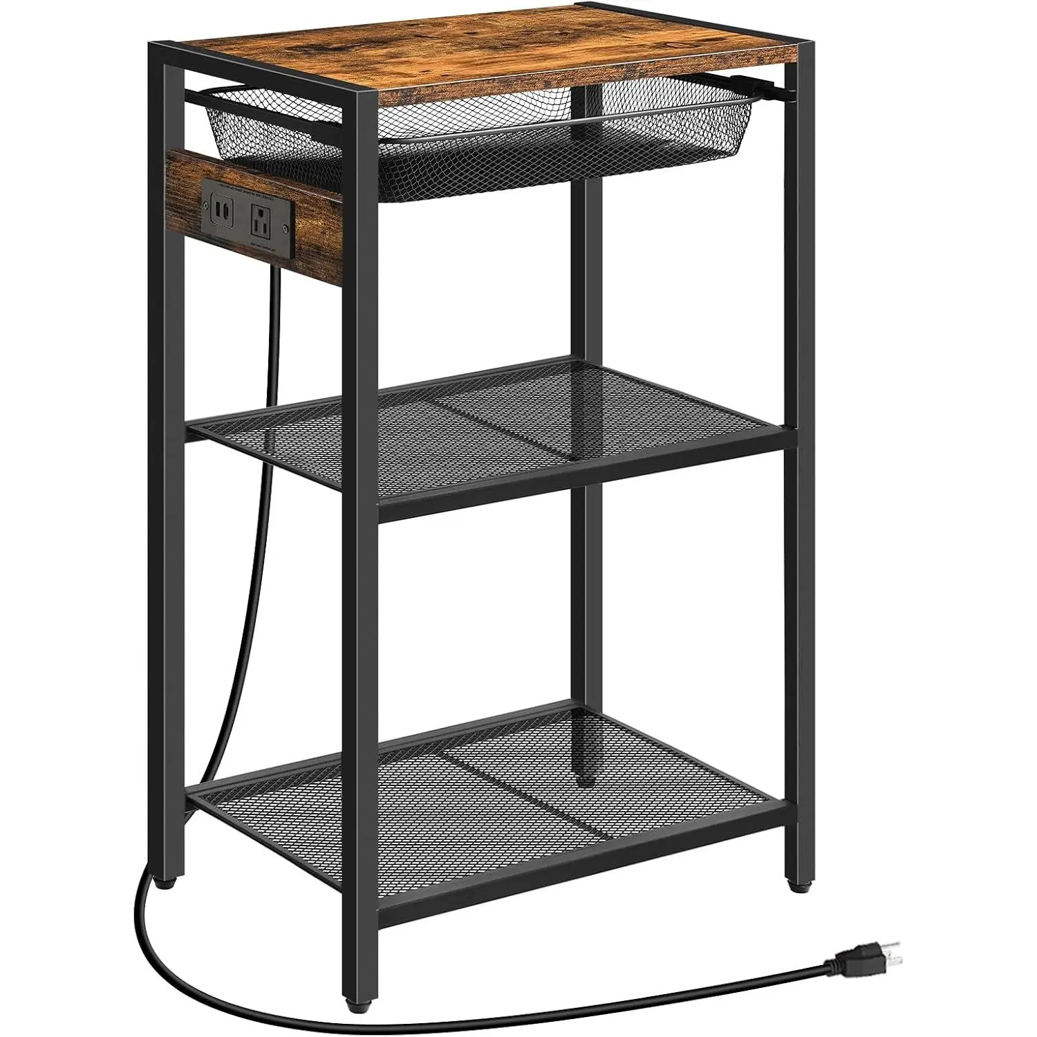 Tall Side Table with  Station, Industrial Telephone End Table with Pull-Out Metal Storage Drawer, Tall Slim Nightstand for Living Room, Bedroom, Office, Rustic Brown BF06UDH01