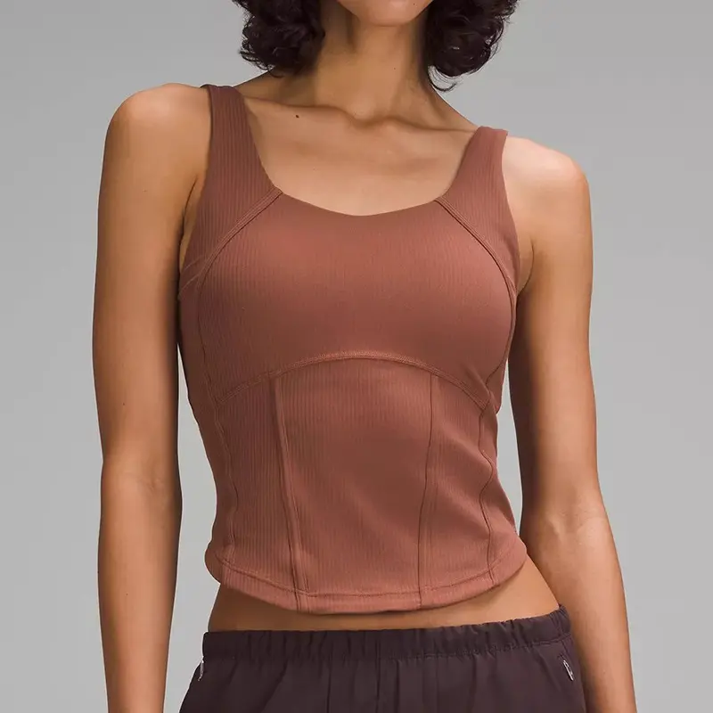 Ribbed sports yoga tank top for women, high elasticity, breathable, fitness yoga wear, high-end feel, with integrated chest pad