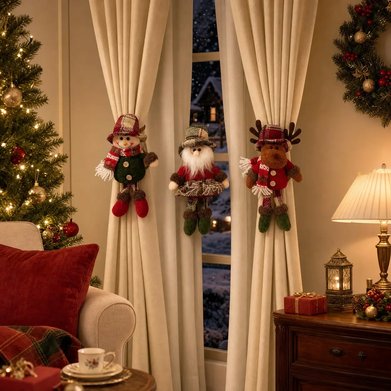 Christmas Atmosphere Curtain Hooks, Elderly Snowman Reindeer Designs, Cartoon Home Window Decor, Hotel Mall Festival Hanging Accessories